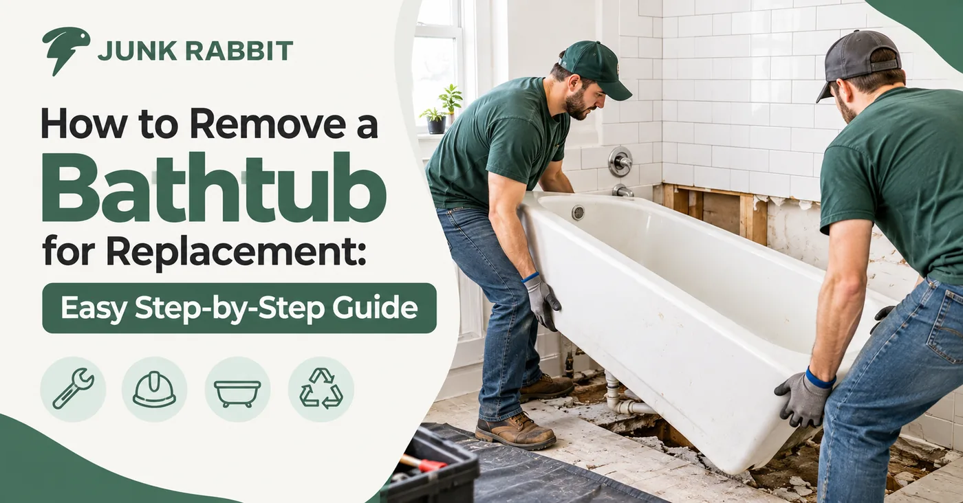 Two JunkRabbit crew members lifting an old white bathtub out of a gutted bathroom