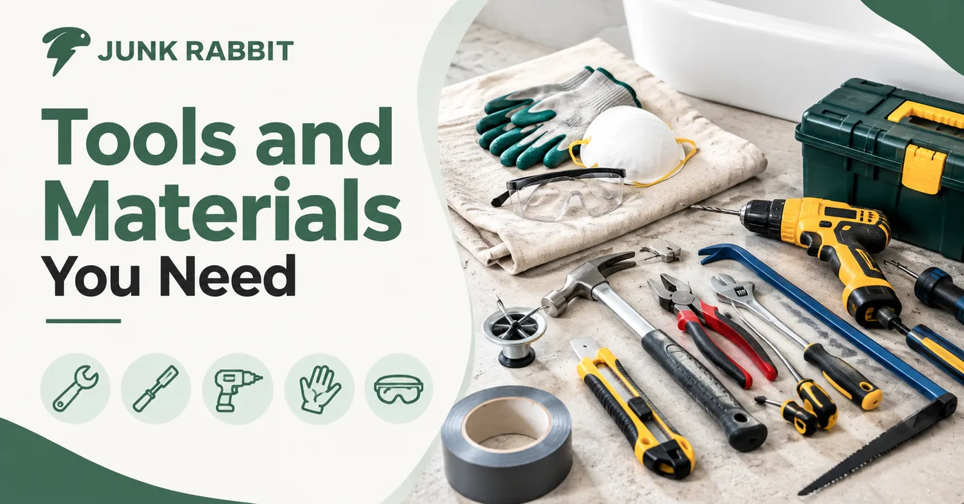 Bathtub removal tool kit laid out: tub drain wrench, pry bar, utility knife, adjustable wrench, work gloves and safety glasses