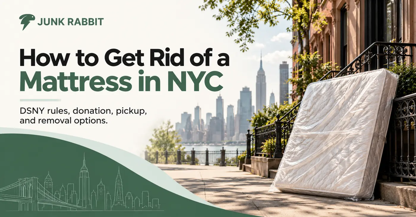 A mattress sealed in a clear plastic disposal bag, standing against the stoop railing of a New York brownstone