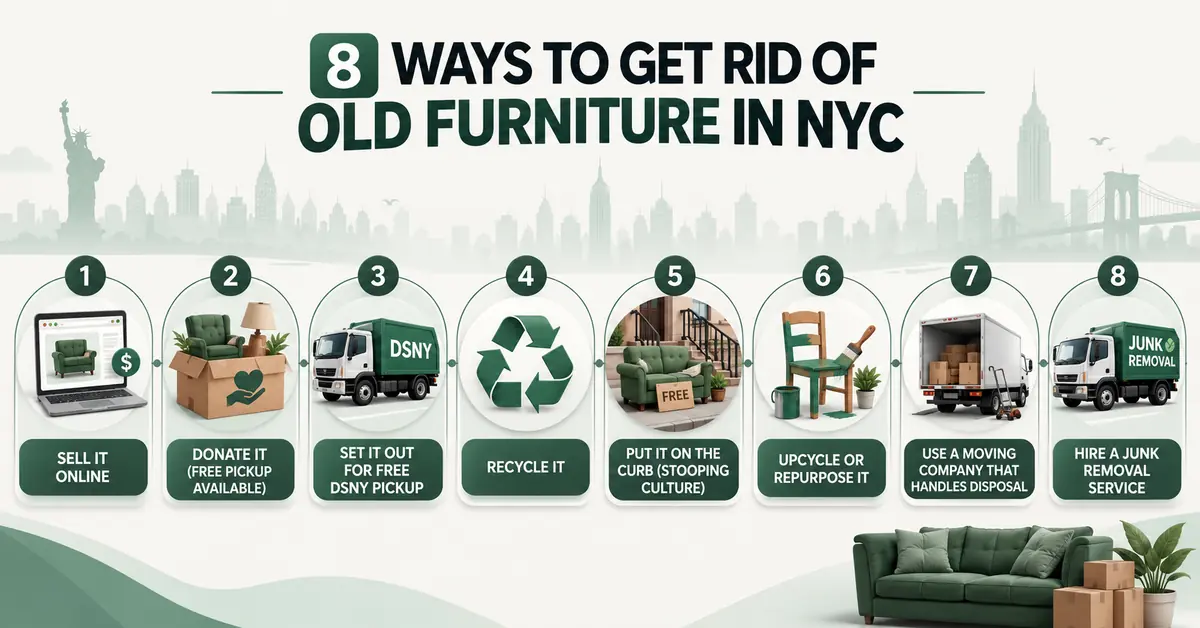 Infographic showing 8 ways to get rid of old furniture in NYC