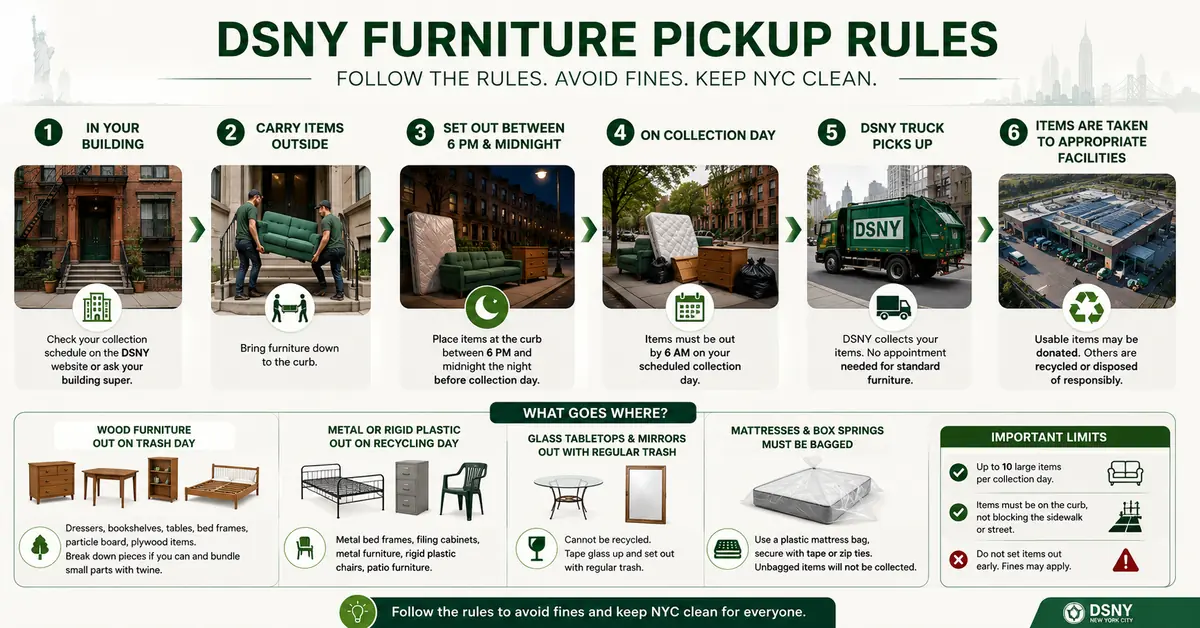 Illustration of DSNY curbside furniture pickup rules in NYC