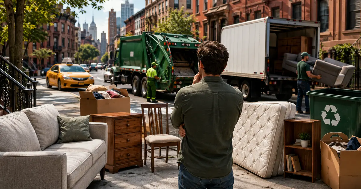 A person looking at old furniture left on a New York City curb