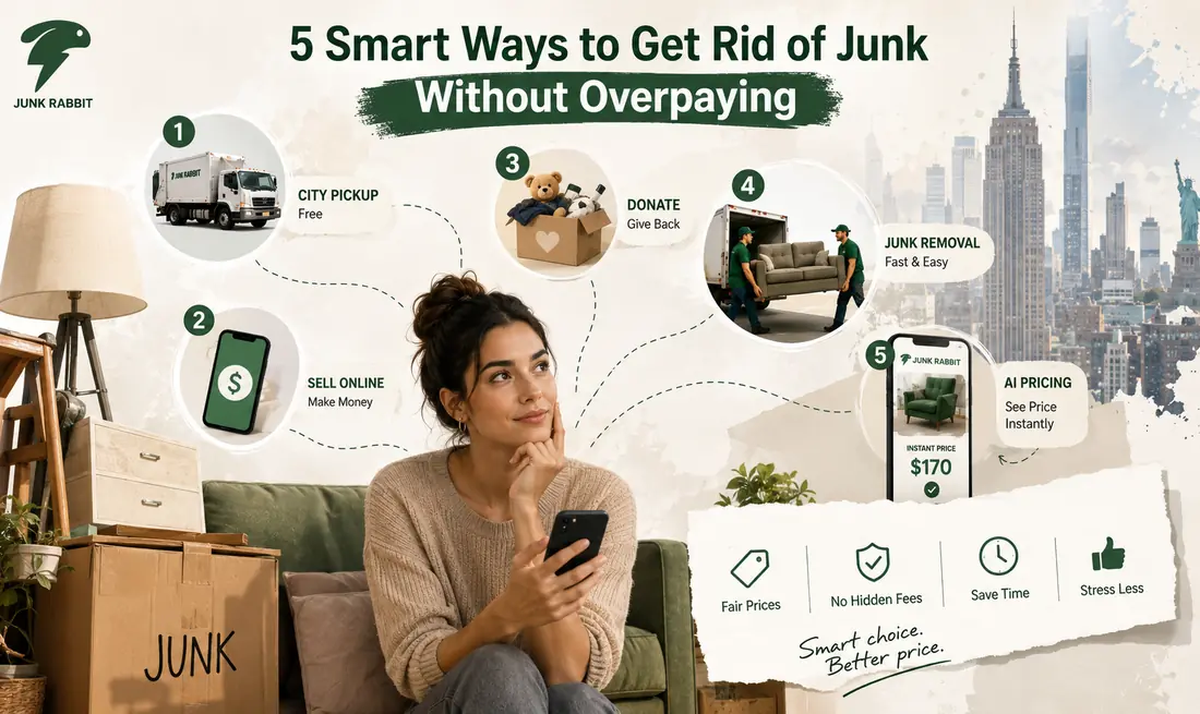 Five smart ways to get rid of junk in NYC — DSNY pickup, sell online, donate, traditional junk removal, and a photo-based marketplace