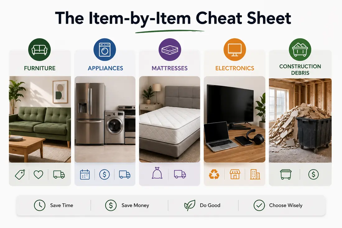 The item-by-item cheat sheet — furniture, appliances, mattresses, electronics, and construction debris disposal in NYC