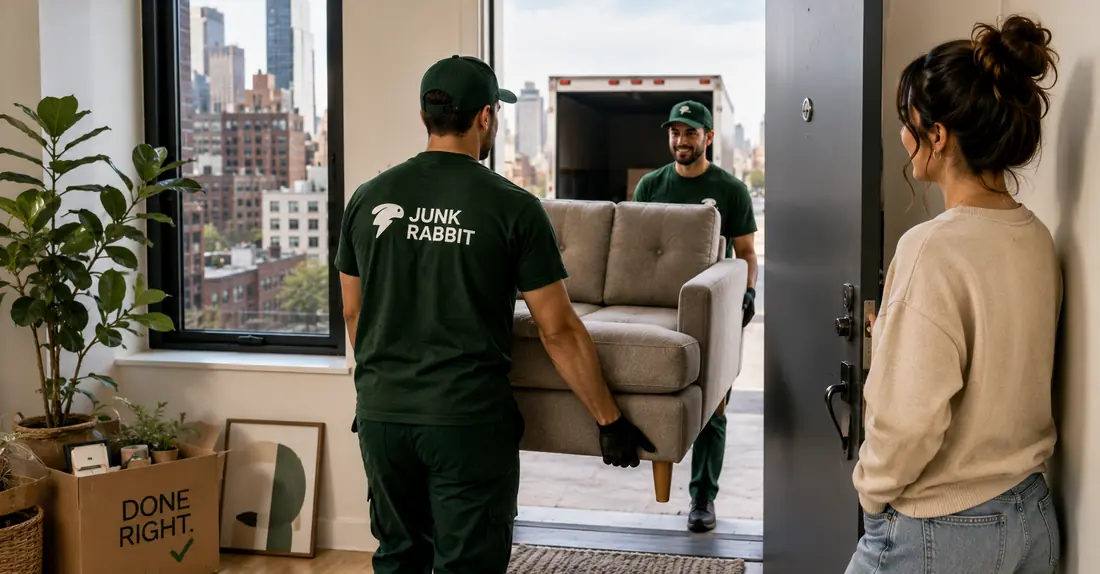 Traditional junk removal — a JunkRabbit crew carries a sofa out of an NYC apartment, done right