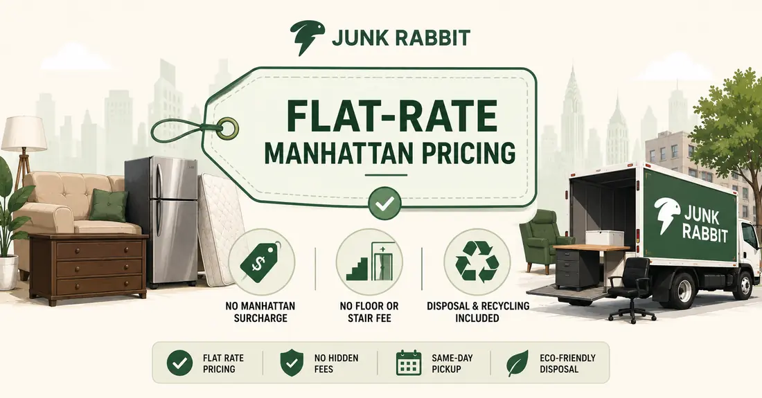 JunkRabbit flat-rate Manhattan pricing — no Manhattan surcharge, no floor or stair fee, disposal and recycling included