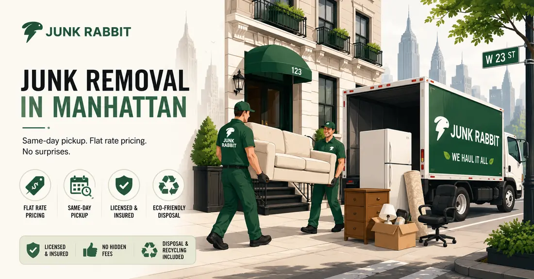 JunkRabbit same-day junk removal in Manhattan — flat-rate pickup from doorman towers to fifth-floor walk-ups